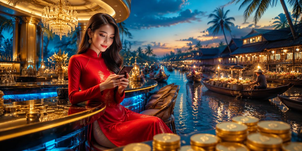 Người phụ nữ mặc áo dài tại Cần Thơ đang chơi Baccarat trực tuyến và thực hiện giao dịch tài chính trên điện thoại