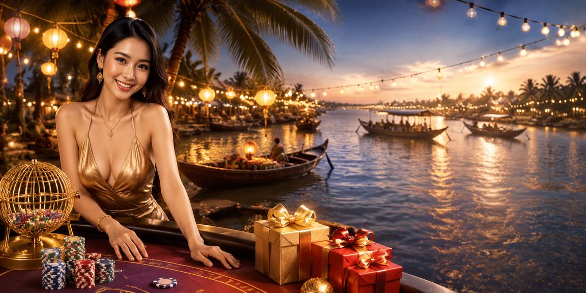 Khung cảnh bờ sông Mekong buổi tối với người dùng kiểm tra kết quả xổ số và số dư tài khoản trực tuyến